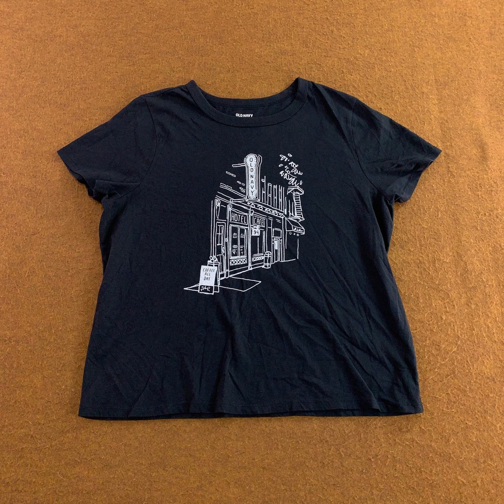 Old Navy Womens Large Petite Black Graphic Hotel Cafe Everywear T-Shirt New